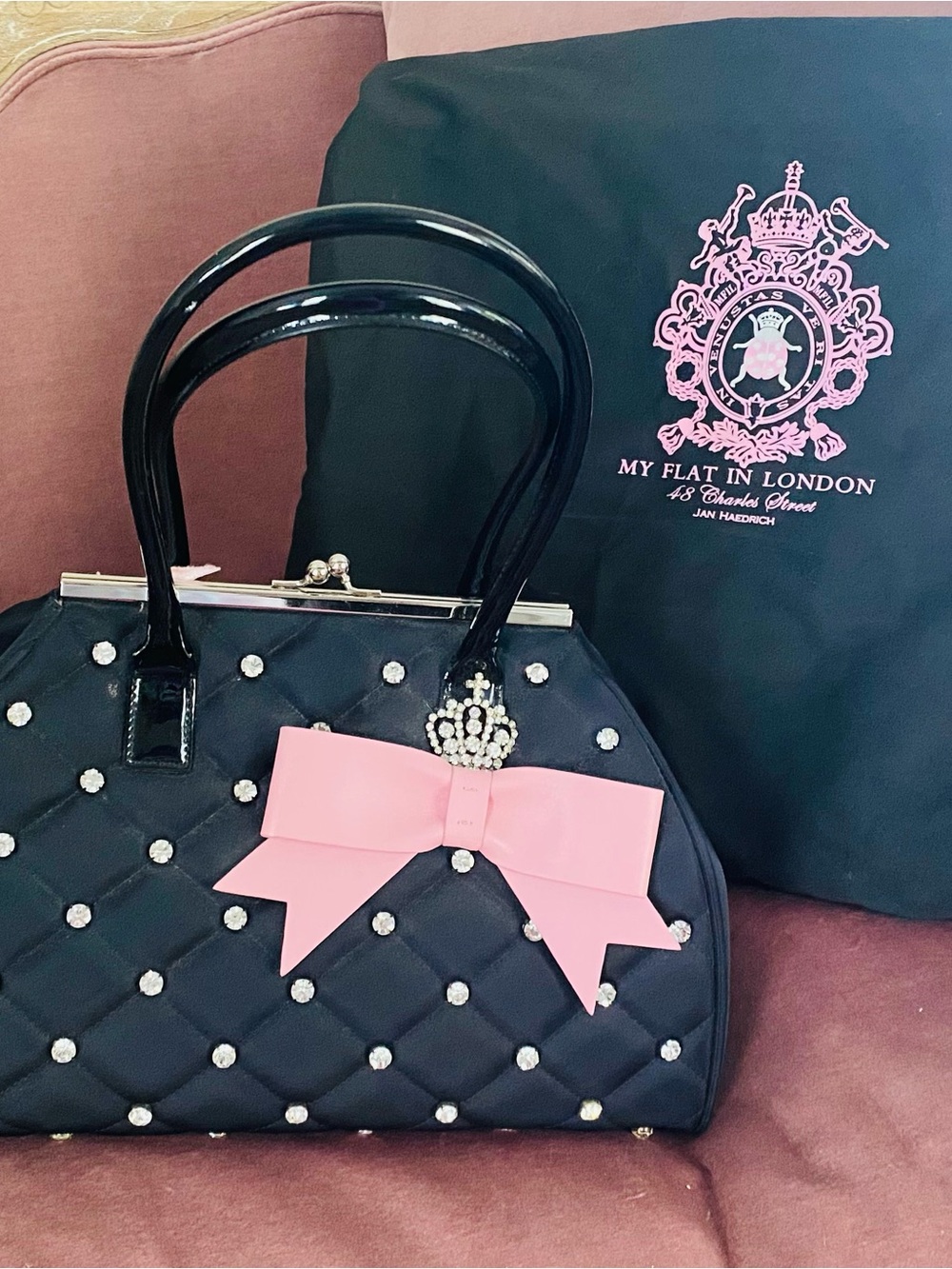 My Flat in London Black Quilted Satchel with Pink Bow and Crystal Crown